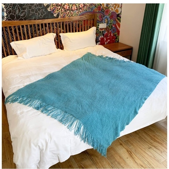 Light Sky Blue Textured Minimal Cozy Knit Pattern Fringe Tassel Couch Blanket - Picture 5 of 16